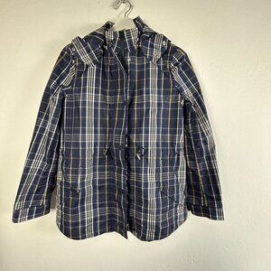 Brooks Brothers Womens Water Repellent Coat Plaid Hooded Jacket Size 4 Blue